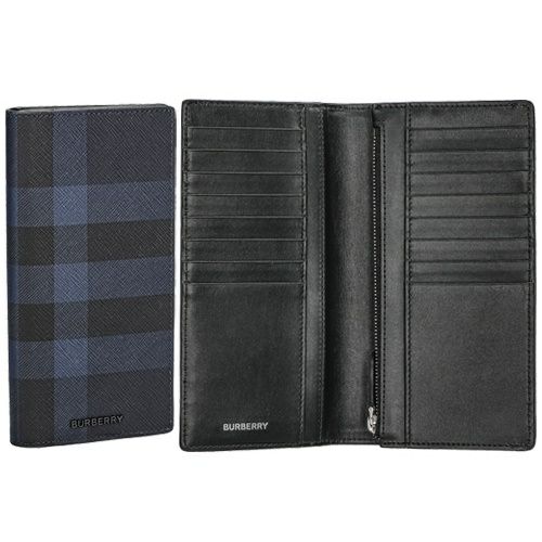 バーバリー 長財布 メンズ ネイビー チェック＆レザー コンチネンタル 