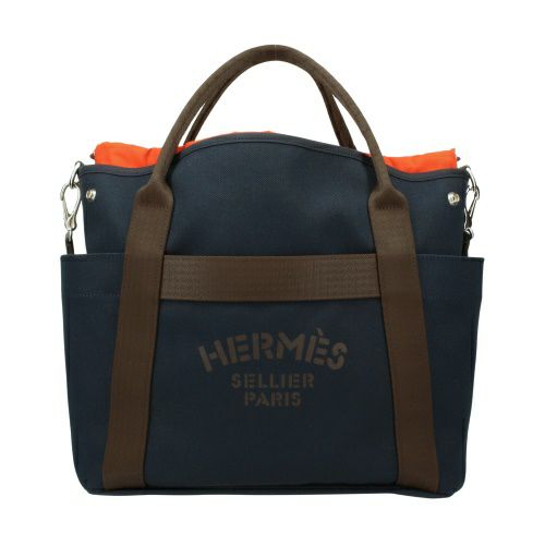 エルメス パンサージュグルーム ブルーネイビー/フュー トワルシェブロン/ブライドルレザー シルバー金具 B刻印 HERMES SAC DE  PANSAGE GROOM | GINZA LoveLove（ラブラブ）