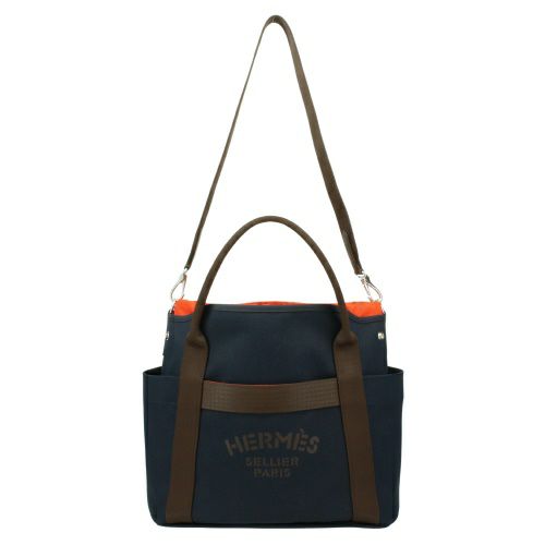 エルメス パンサージュグルーム ブルーネイビー/フュー トワルシェブロン/ブライドルレザー シルバー金具 B刻印 HERMES SAC DE  PANSAGE GROOM