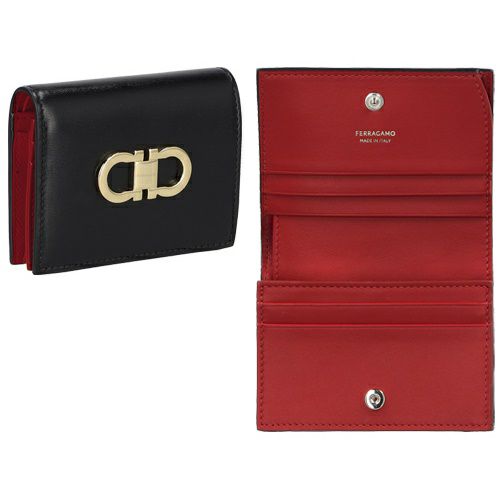 フェラガモ 二つ折り財布 コンパクト財布 レディース ダブルガンチーニ ブラック FERRAGAMO 220627 770769 NERO/FLAME RED