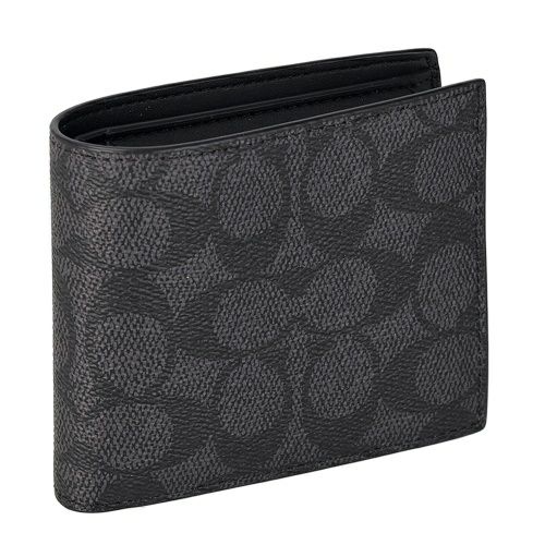 コーチ アウトレット 二つ折り財布 メンズ コイン ウォレット・シグネチャー キャンバス ブラック COACH OUTLET CY406 QBMI5 チャコール ブラック