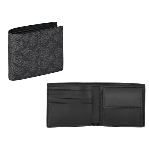 コーチ アウトレット 二つ折り財布 メンズ コイン ウォレット・シグネチャー キャンバス ブラック COACH OUTLET CY406 QBMI5 チャコール ブラック